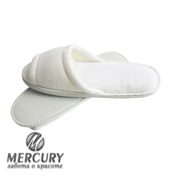 Тапочки махровые подошва 3 мм, Белые с открытым мысом